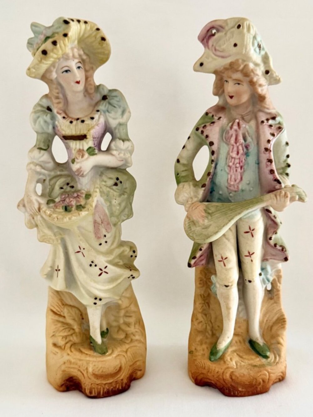 Vintage L&M Inc Victorian Musical Courting Couple Bisque Figurines 8.5 Inch Pair